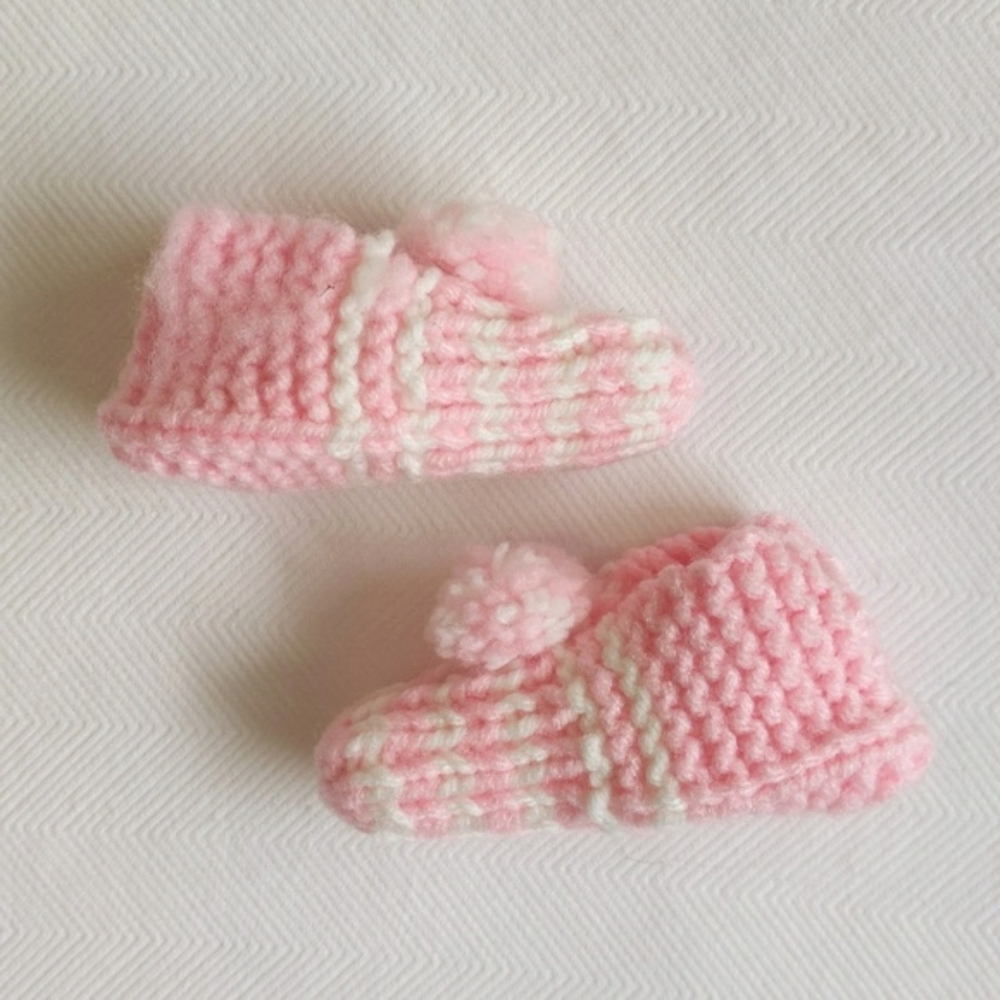 handknit pink & white pom pom baby girl slippers